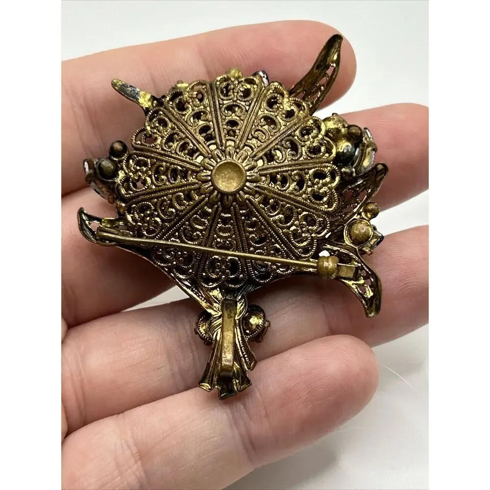 Vintage Floral Bouquet Brown Rhinestone‎ Faux Pearl Gold Tone Brooch Pin
